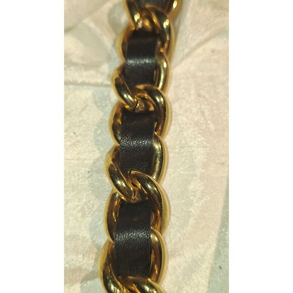 Anne Taylor Women's Bracelet Gold Tone Chain Black Faux Leather Mob Wife - Picture 5 of 6